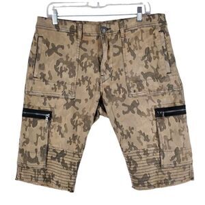 True Religion Camo Touring Moto Jort Shorts Mens 34x13 Beige Tan Tapered Raw Hem